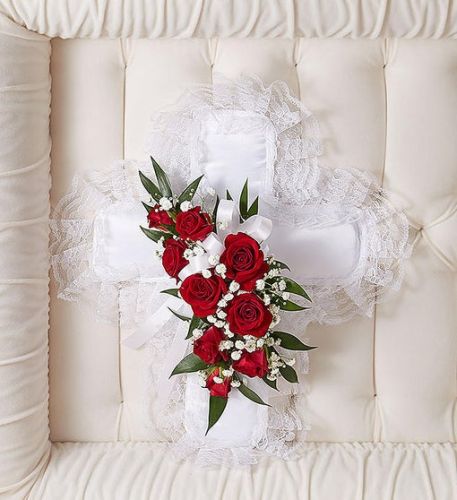 White Satin Pillow Cross w/Red Rose Break