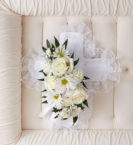 White Satin Cross Pillow w/White Rose Break